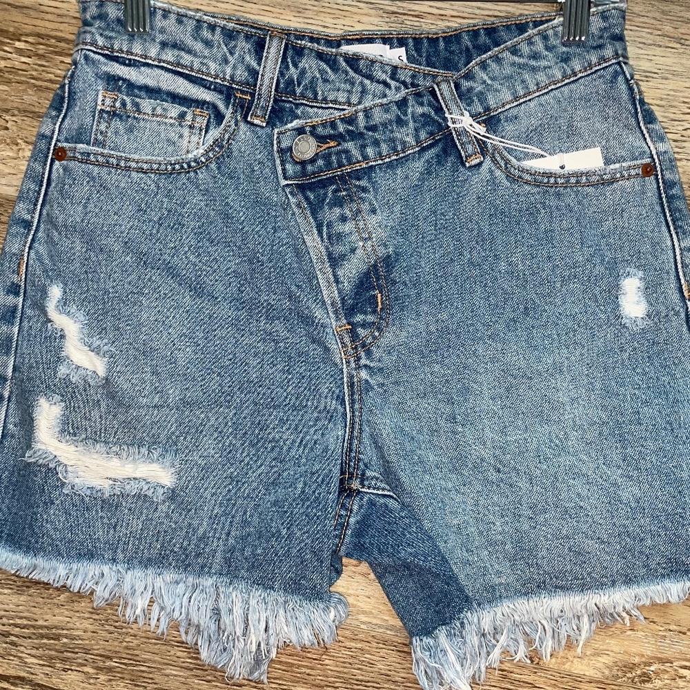 Distressed Asymmetrical Denim “Mom” Shorts